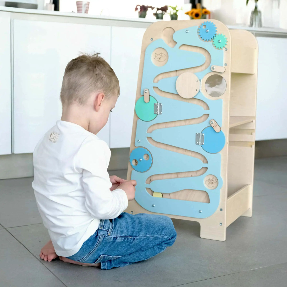 BusyKids - Tour d’Apprentissage Multifonctions 5 en 1 Menthe - Bois Brut (non verni) - 18 à 24 mois by BusyKids