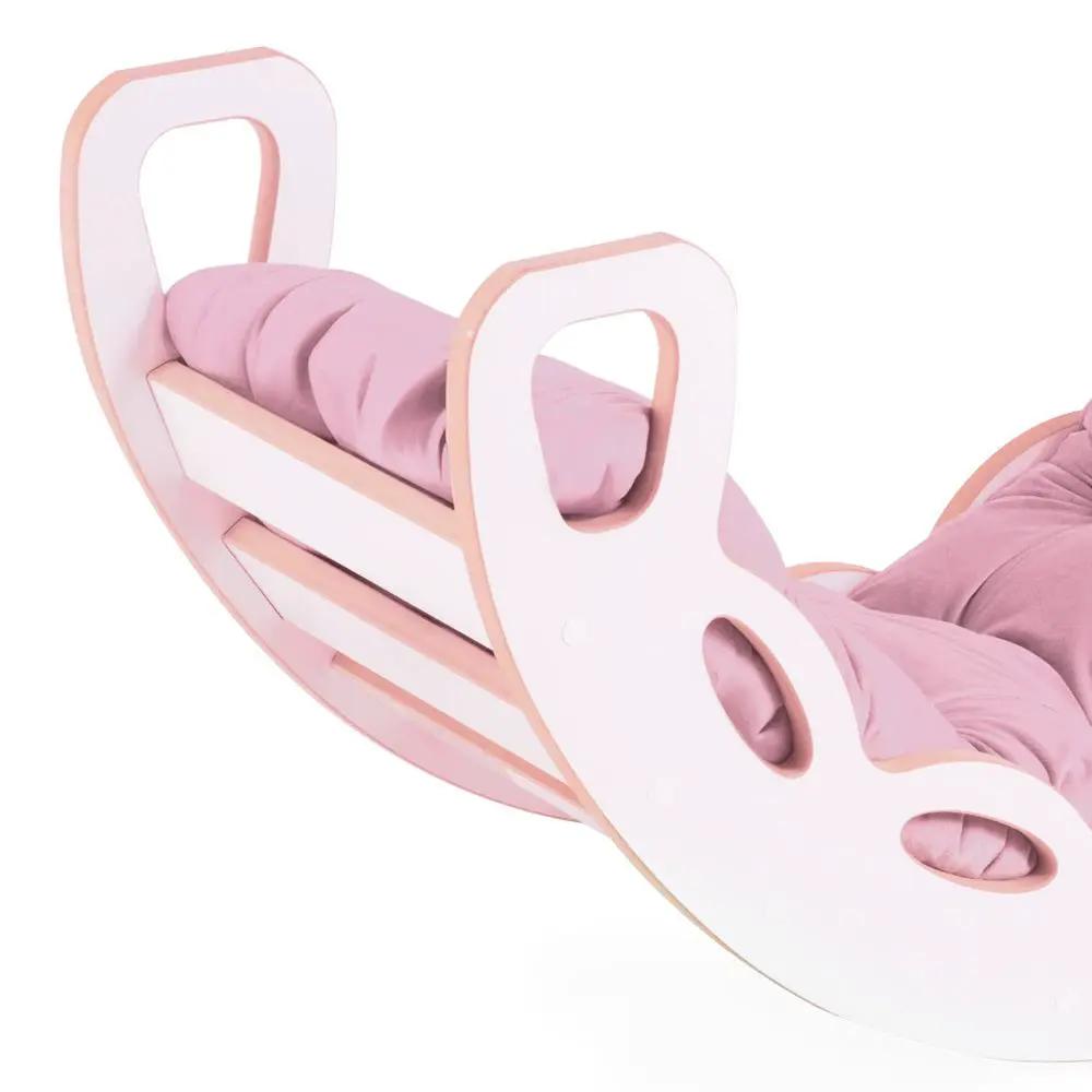 Bascule 4 en 1 - bois blanc, avec mur dâescalade, toboggan et coussin en velours rose, motricitĂ© - Plush nest by Misioo
