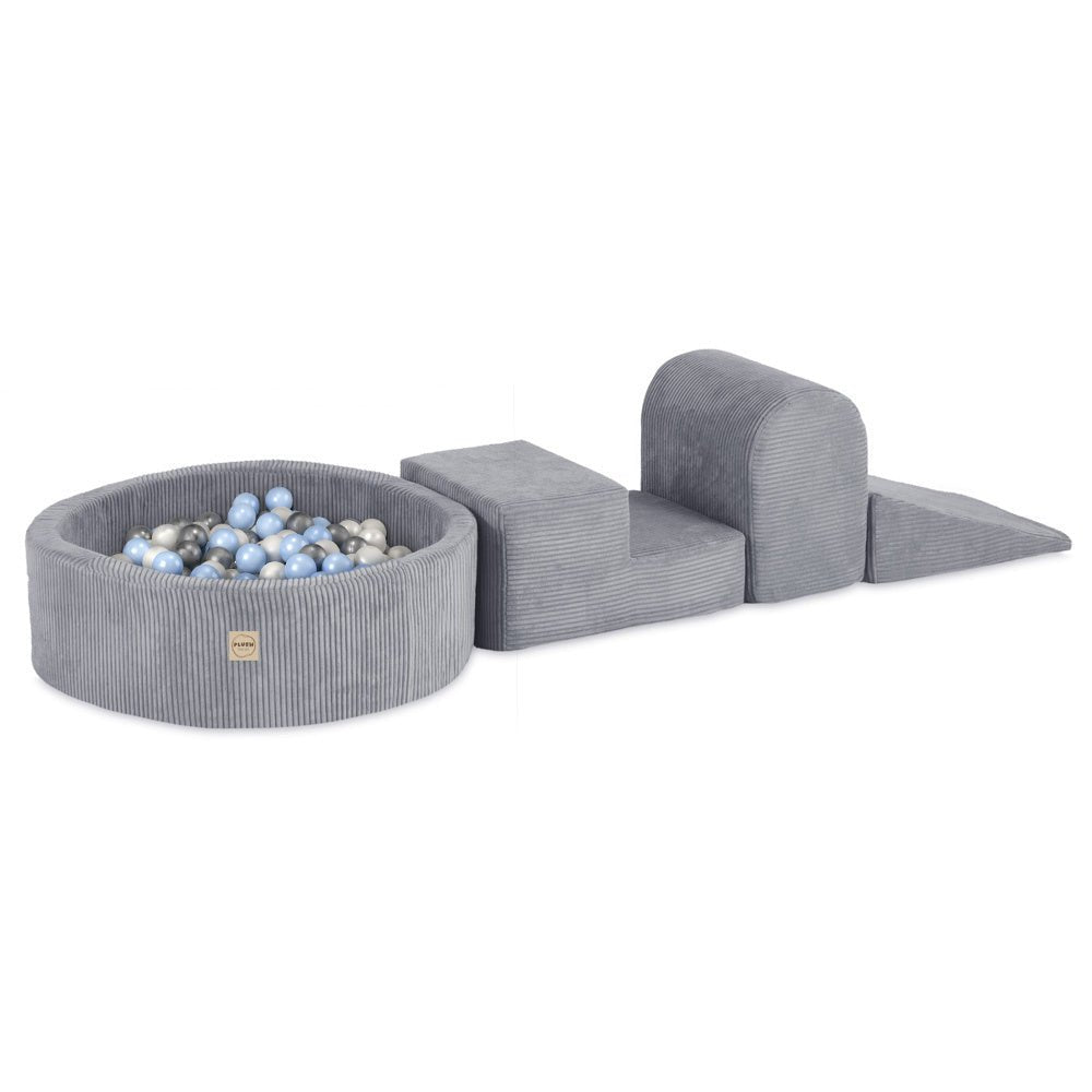 Terrain de jeu 3 éléments + dry pool 90x30 – Velours côtelé gris premium (+200 balles : perle, argent, bleu clair), aire de jeux – Plush Nest - myplayground