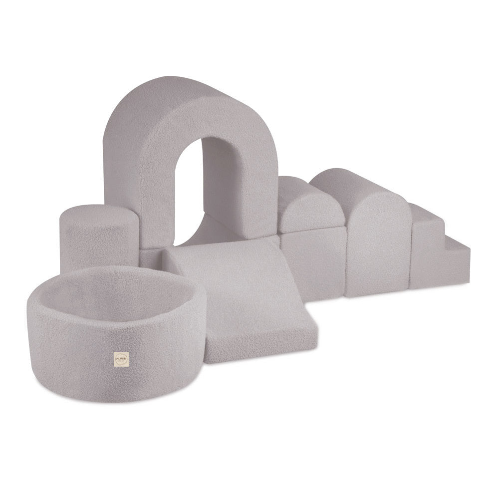 Château de terrain de jeu avec piscine +150 balles (perle, argent) – Peau de mouton grise –Plush Nest by Misioo