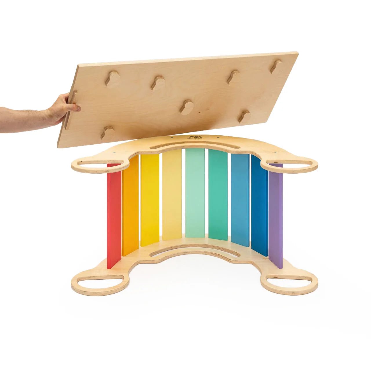 Ensemble (Maxi) Mur Suédois + Triangle Pikler + Bascule + 2 Planches à Double Face - Arc - en - ciel, bois natura, 12 à 18 mois - BusyKids - myplayground