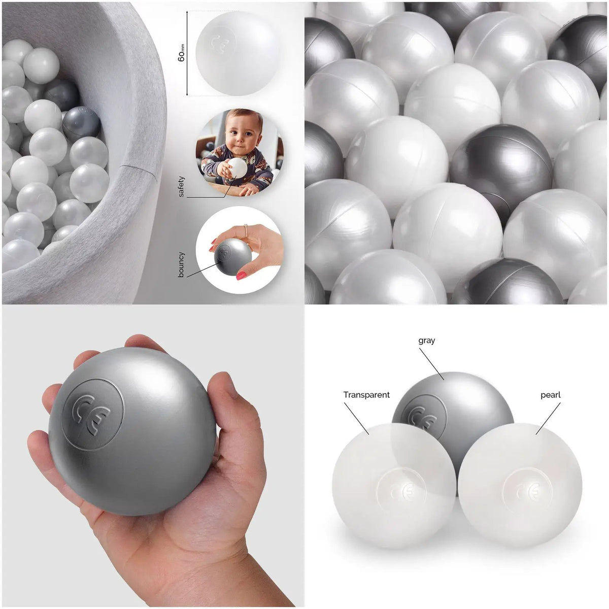 Boule de piscine à balles - 6 cm, lot de 200 pcs : perle, transparentes, argent - Plush Nest - Misioo by Misioo