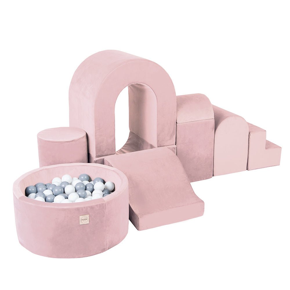 Château de terrain de jeu avec piscine + 150 balles – Velours rose – Plush Nest by Misioo
