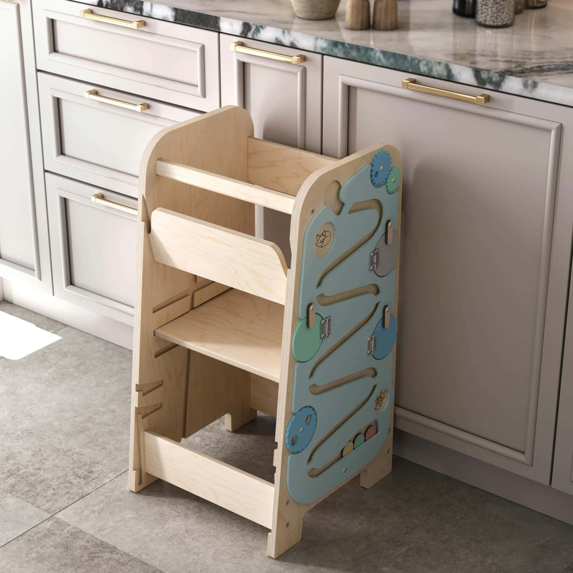 BusyKids - Tour d’Apprentissage Multifonctions 5 en 1 Menthe - Bois Brut (non verni) - 18 à 24 mois - myplayground