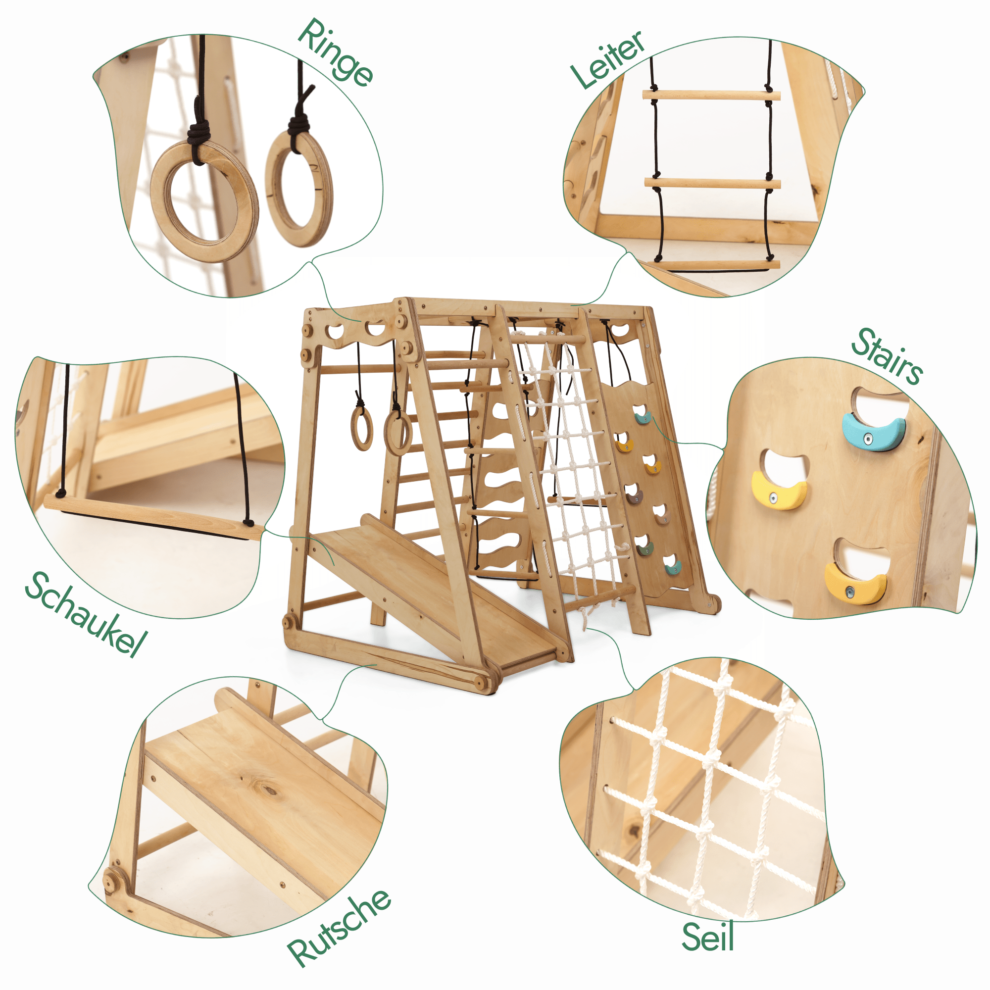 6in1 Indoor - Spielplatz aus Holz für Kinder – Schaukel, Rutsche, Seil und Treppe - myplayground