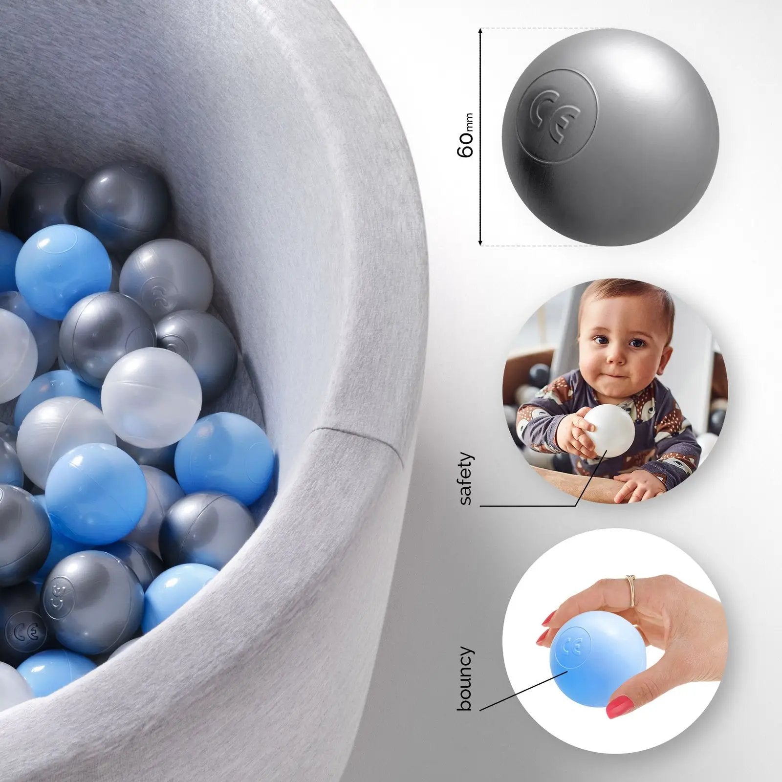 Boule de piscine à balles - 6 cm, lot de 200 pcs : perle, argent, perle bleu clair - Plush Nest - Misioo by Misioo