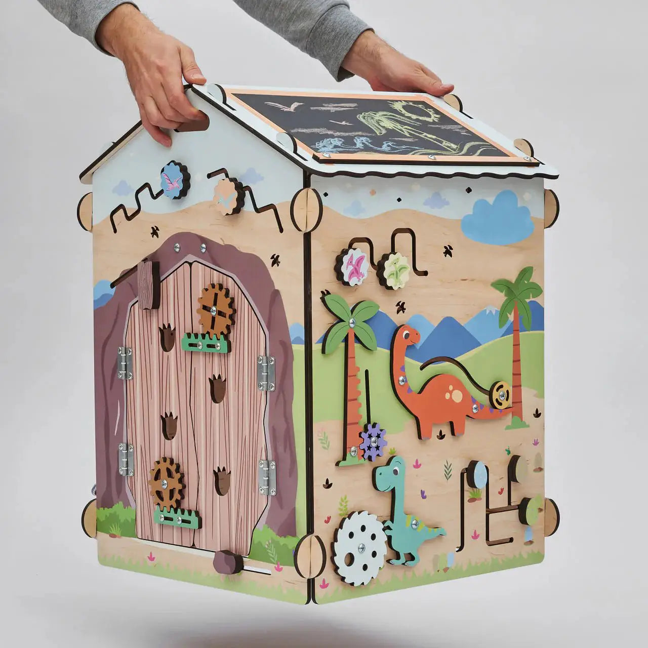 Busy Board Maisonnette Éducative DINO Équipé d'un Éclairage - Bois Natura, 12 à 18 mois - BusyKids by BusyKids