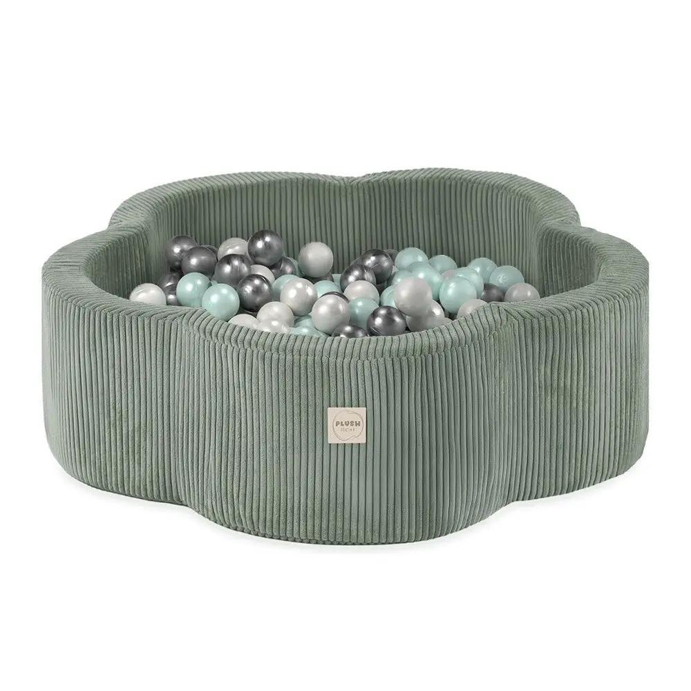 Piscine à balles, 95x30, vert, velours côtelé premium, Floral Fun Zone (+ 200 boules perle, perle menthe, argent) - Plush nest - Misioo by Misioo