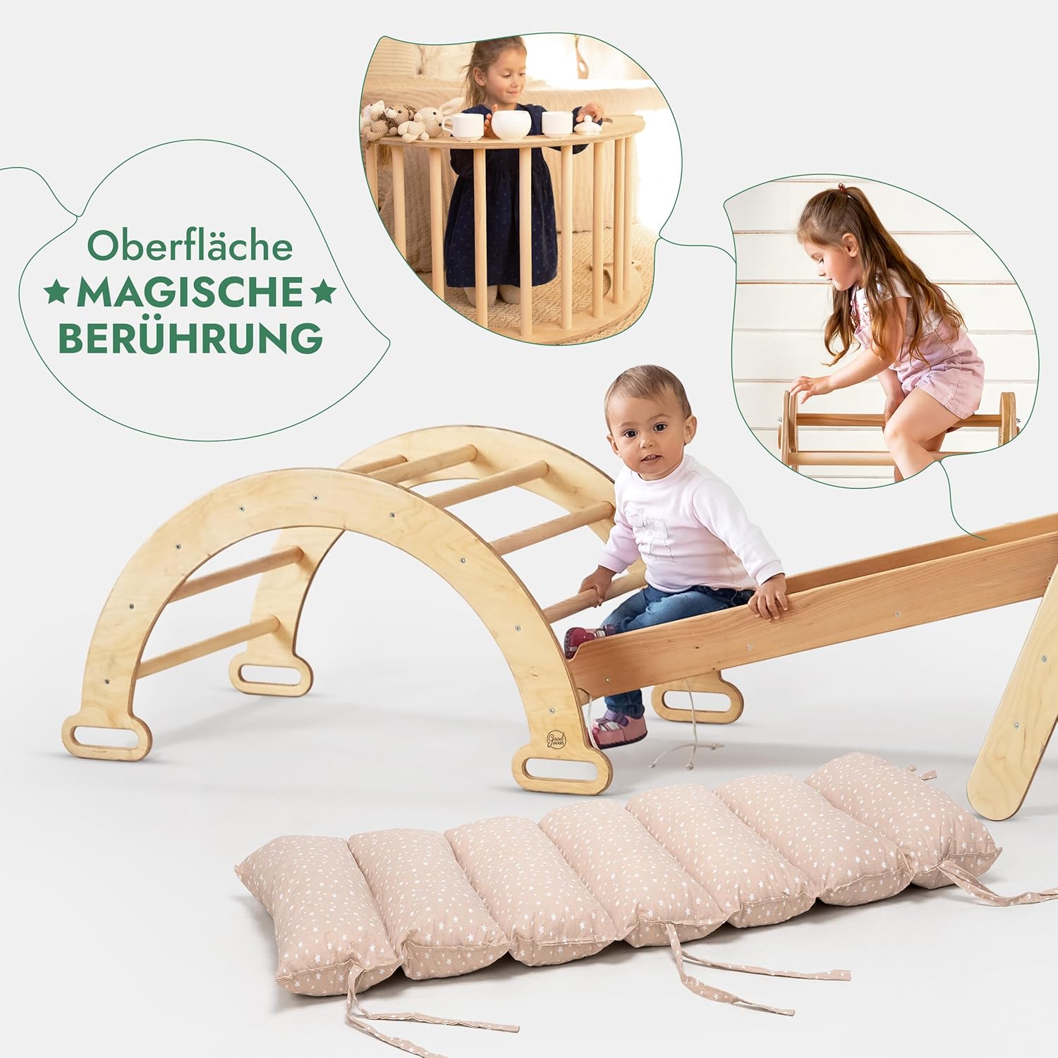 5in1 Montessori Klettergerüst Set: Kletterdreieck mit Rutsche, Kletterbogen, Kletternetz und Kissen, für Kinder 1 - 7 Jahre – Beige - myplayground