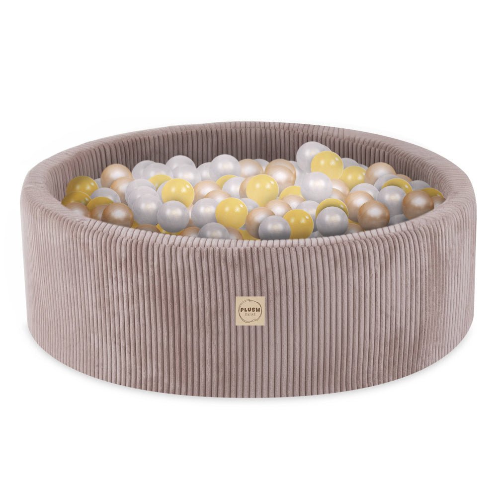 Terrain de jeu 3 éléments + dry pool 90x30 – Velours côtelé beige premium (+200 balles : perle, or, jaune), aire de jeux – Plush Nest - myplayground