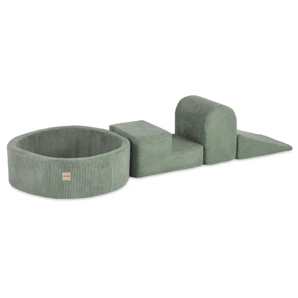 Terrain de jeu 3 éléments + dry pool 90x30 – Velours côtelé vert premium (+200 balles : perle, menthe perle, argent), aire de jeux – Plush Nest by Misioo