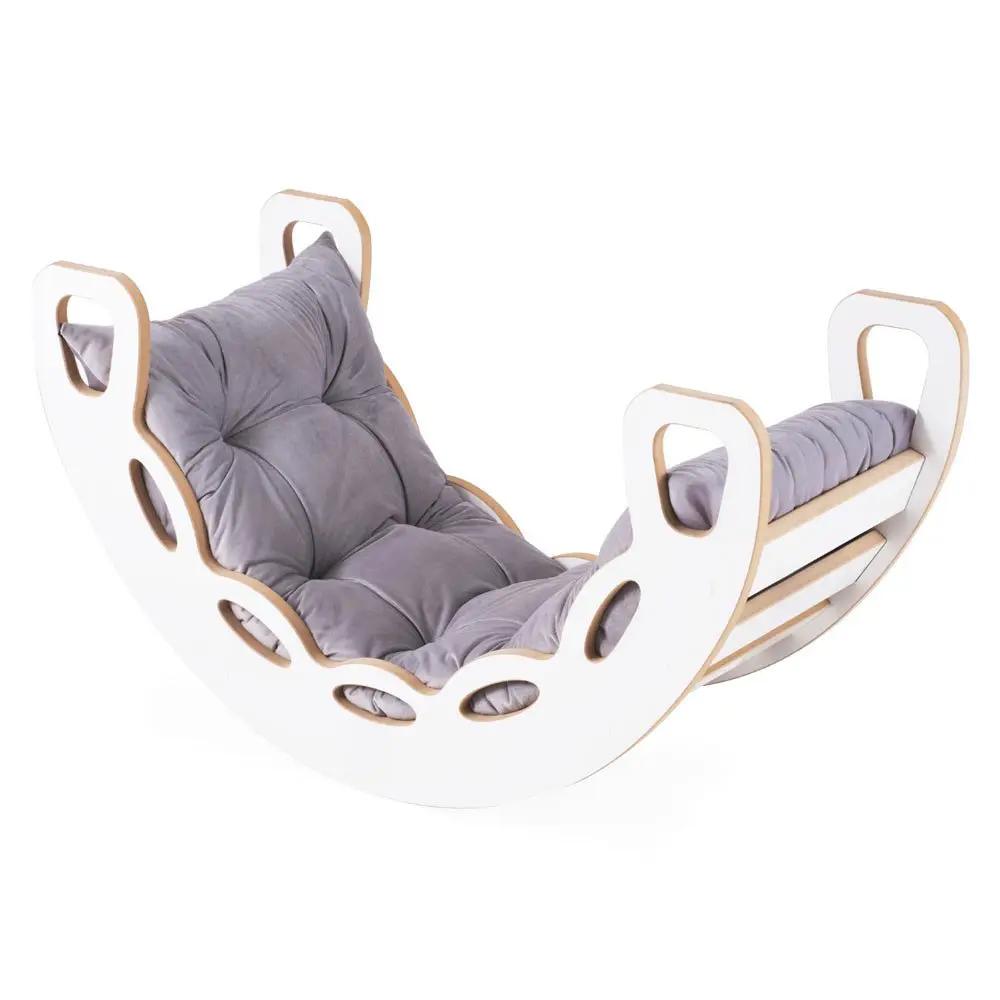 Bascule 4 en 1 - bois blanc, avec mur d’escalade, toboggan et coussin en velours gris, motricité - Plush nest by Misioo