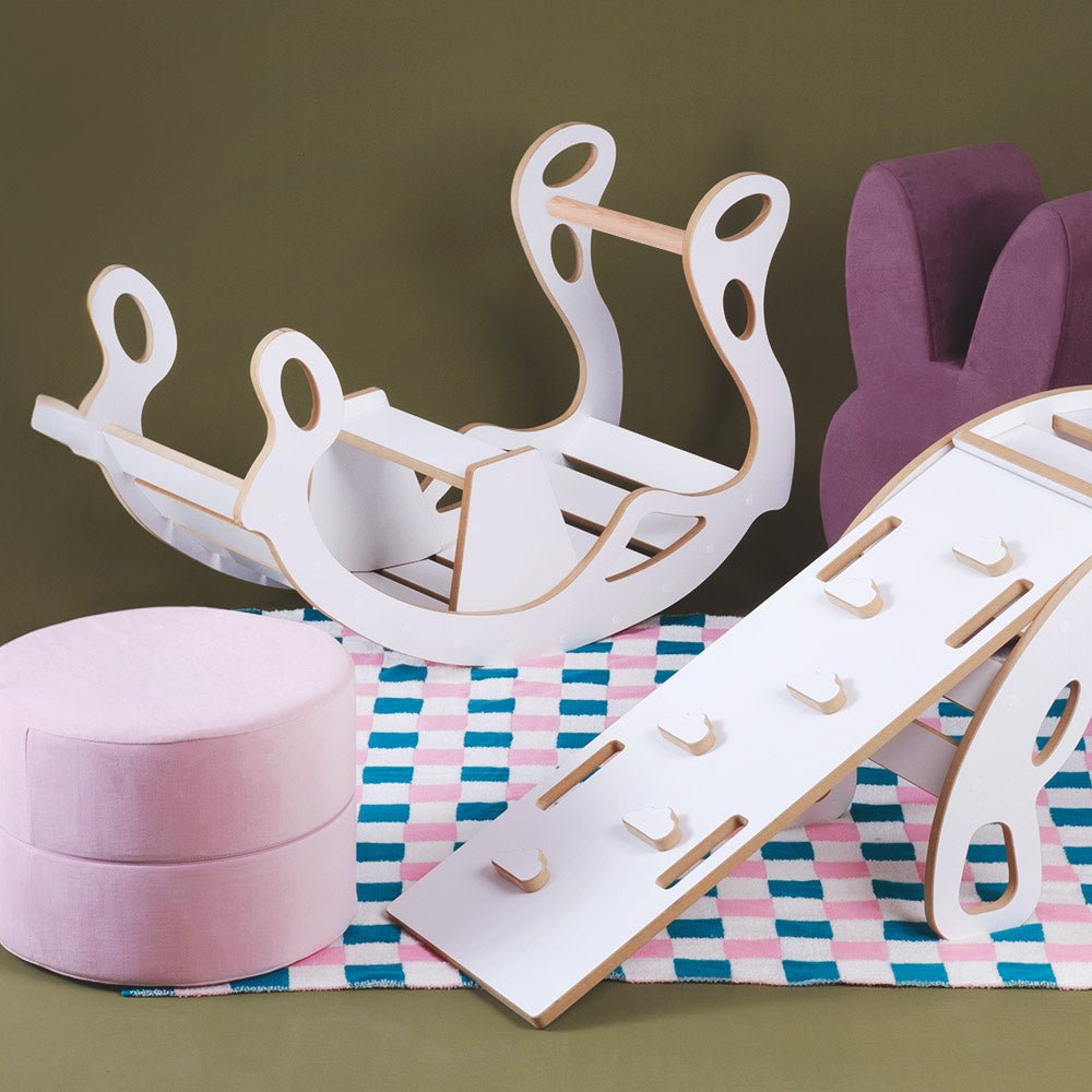 Bascule avec banc pour enfants - Bois blanc, bascule en bois, jouet à bascule - Plush Nest - myplayground
