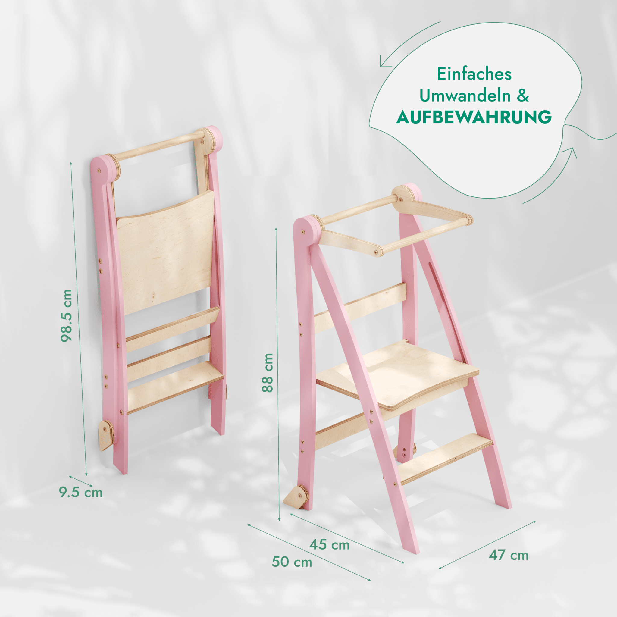 Holz Lernleiter Montessori: Multifunktionaler, klappbarer Lernturm für Kinder – Rosa - myplayground