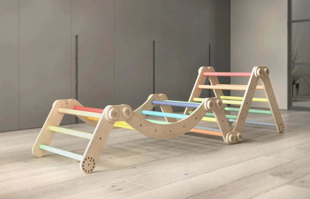 Ensemble d’escalade inclinable (set L avec Rocker) - arc-en-ciel, bois brut (non verni), 18 à 24 mois - BusyKids by BusyKids