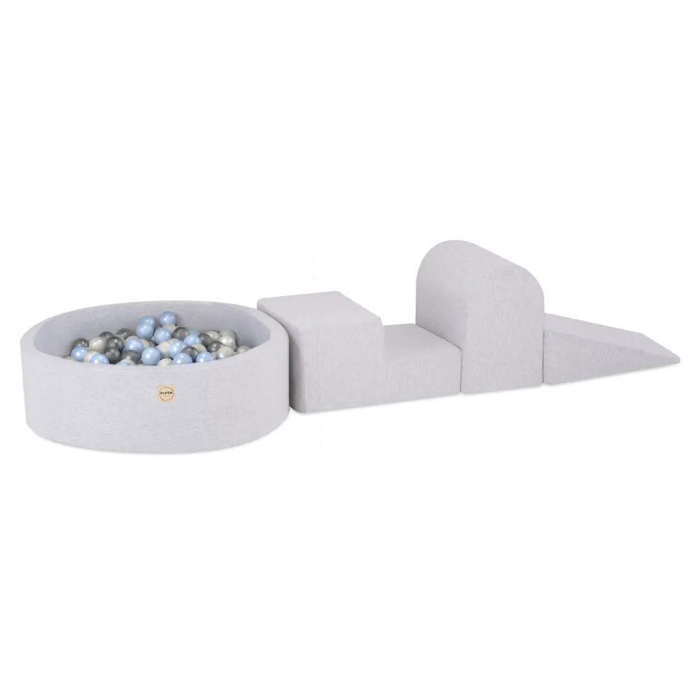 Terrain de jeu 3 éléments + dry pool 90x30 – gris clair smart (+200 balles : perle, argent, bleu clair) , aire de jeux – Plush Nest by Misioo