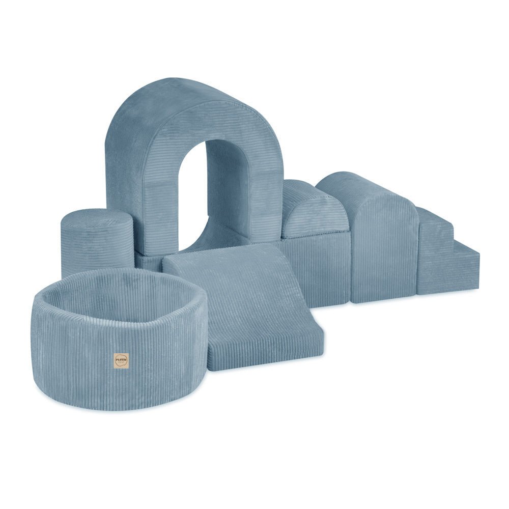 Château de terrain de jeu avec piscine +150 balles (perle, argent) – Velours côtelé bleu premium – Plush Nest - myplayground