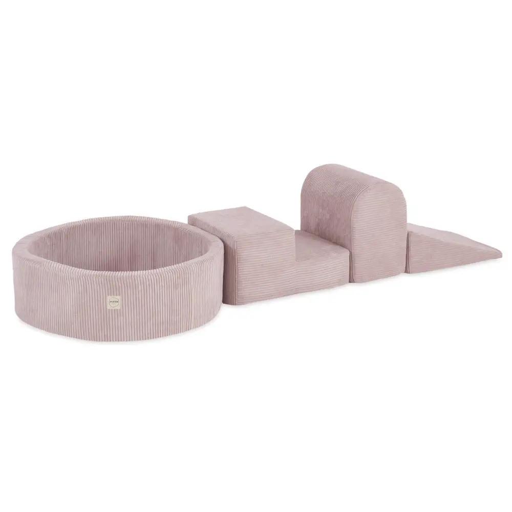 Terrain de jeu 3 éléments + dry pool 90x30 – Velours côtelé rose clair premium (+200 balles : perle, or, perle rose clair) , aire de jeux – Plush Nest by Misioo
