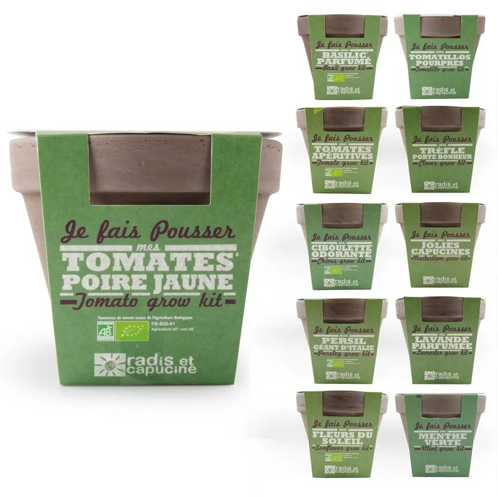 Pot Terre cuite Basalte 13cm - Tomate poire jaune Bio - Radis et Capucine - myplayground