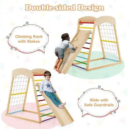 6-in-1 Jungle Gym Wooden Indoor Playground with Double-Sided Ramp and Monkey Bars-Multicolor by myplayground