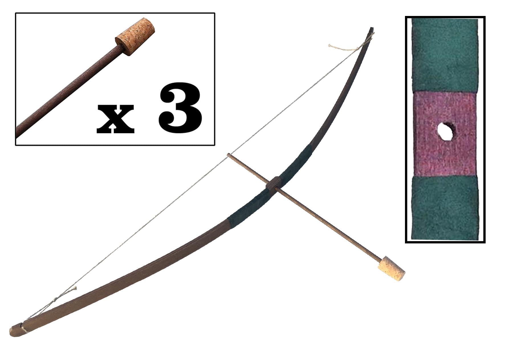 MANCHE EN DAIM BOW RUSTIK S + 3 FLÈCHES À POINTE EN LIÈGE - Jeu de role pour enfant by KALID MEDIEVAL