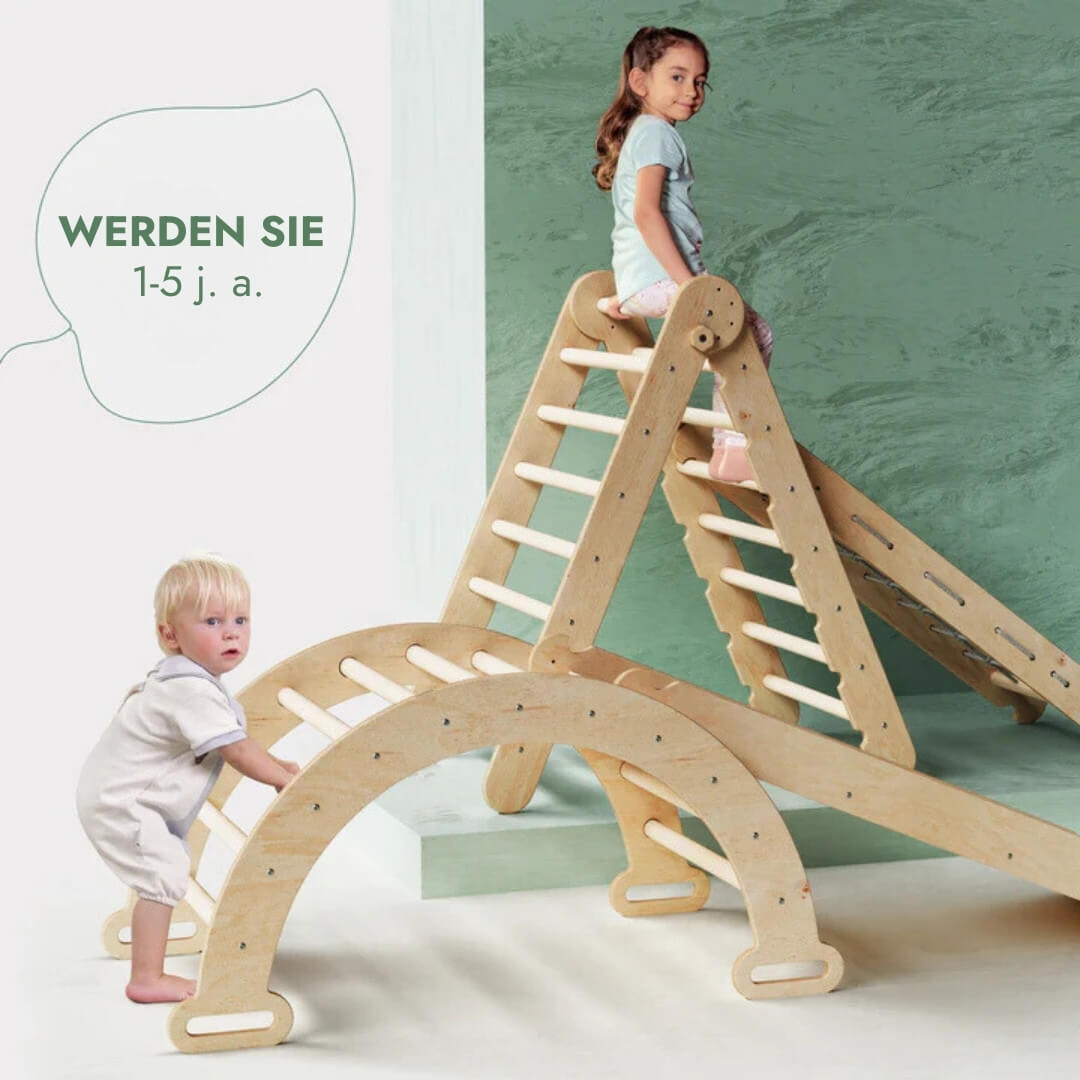 4in1 Montessori Klettergerüst Set: Kletterdreieck mit Rutsche, Kletterbogen, Kletternetz, für Kinder 1 - 7 Jahre – Beige - myplayground