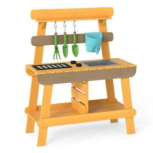Outdoor Mud Kitchen for Kids Wooden Play Kitchen Toy for Boys Girls Aged 3-8-Yellow by myplayground