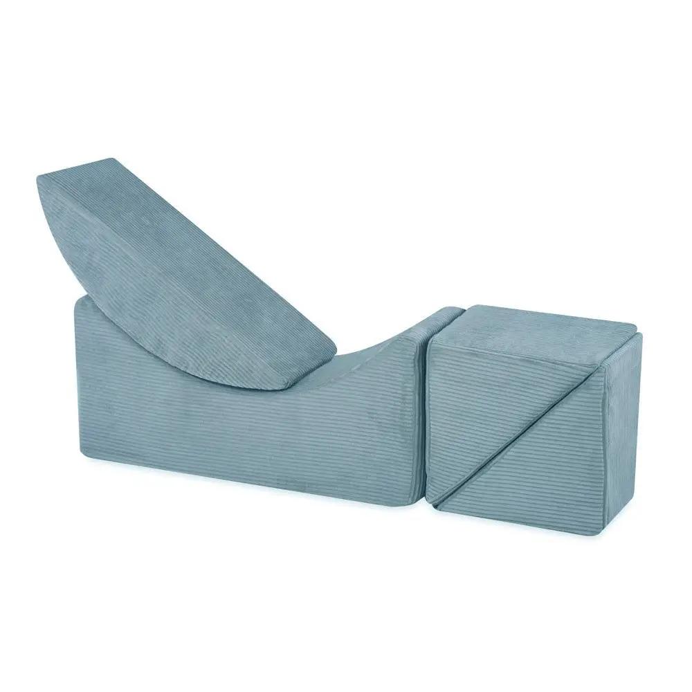 Chaise longue enfant inclinable 145x35x45 cm – Velours côtelé bleu premium – Plush Nest by Misioo