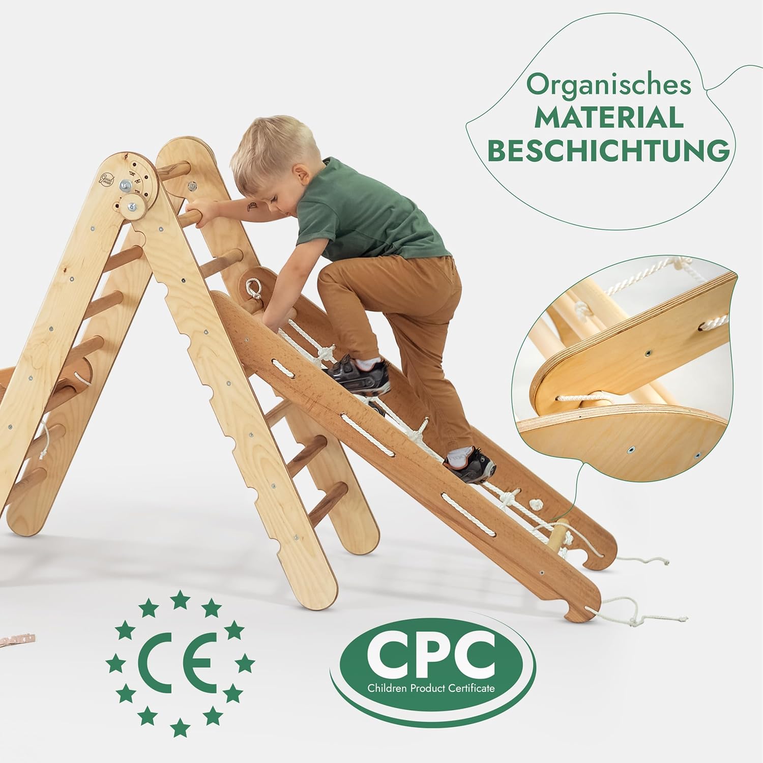 4in1 Montessori Klettergerüst Set: Kletterdreieck mit Rutsche, Kletterbogen, Kletternetz, für Kinder 1 - 7 Jahre – Beige - myplayground