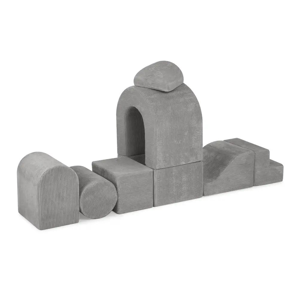 Château de terrain de jeu avec piscine +150 balles (perle, argent) – Velours côtelé gris premium – Plush Nest by Misioo