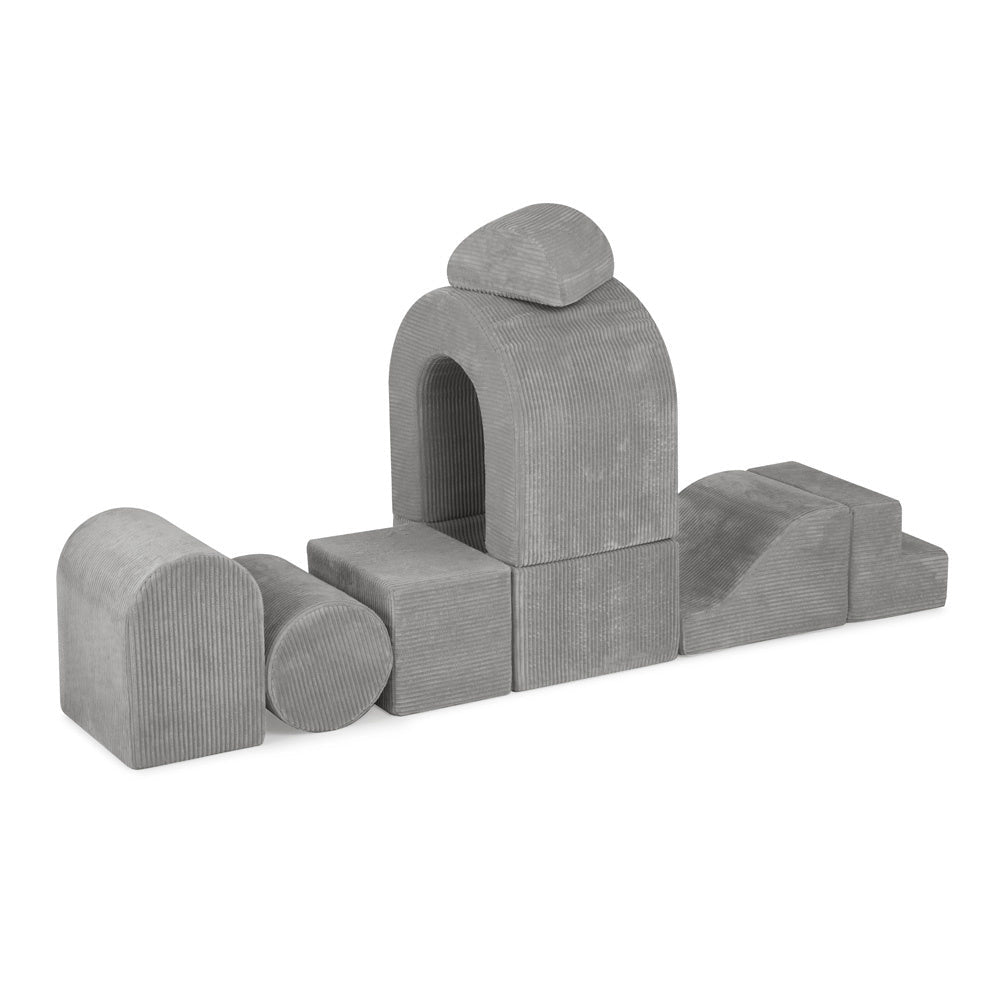 Château de terrain de jeu avec piscine +150 balles (perle, argent) – Velours côtelé gris premium – Plush Nest - myplayground