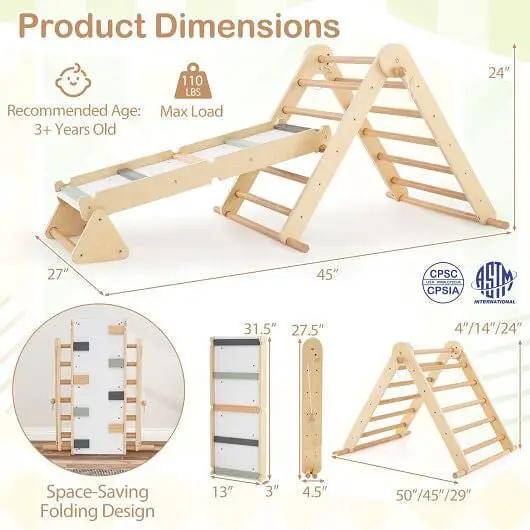 3-in-1 Pikler Triangle Climbing Set Kids Foldable Montessori Toys with Ramp-Natural by myplayground