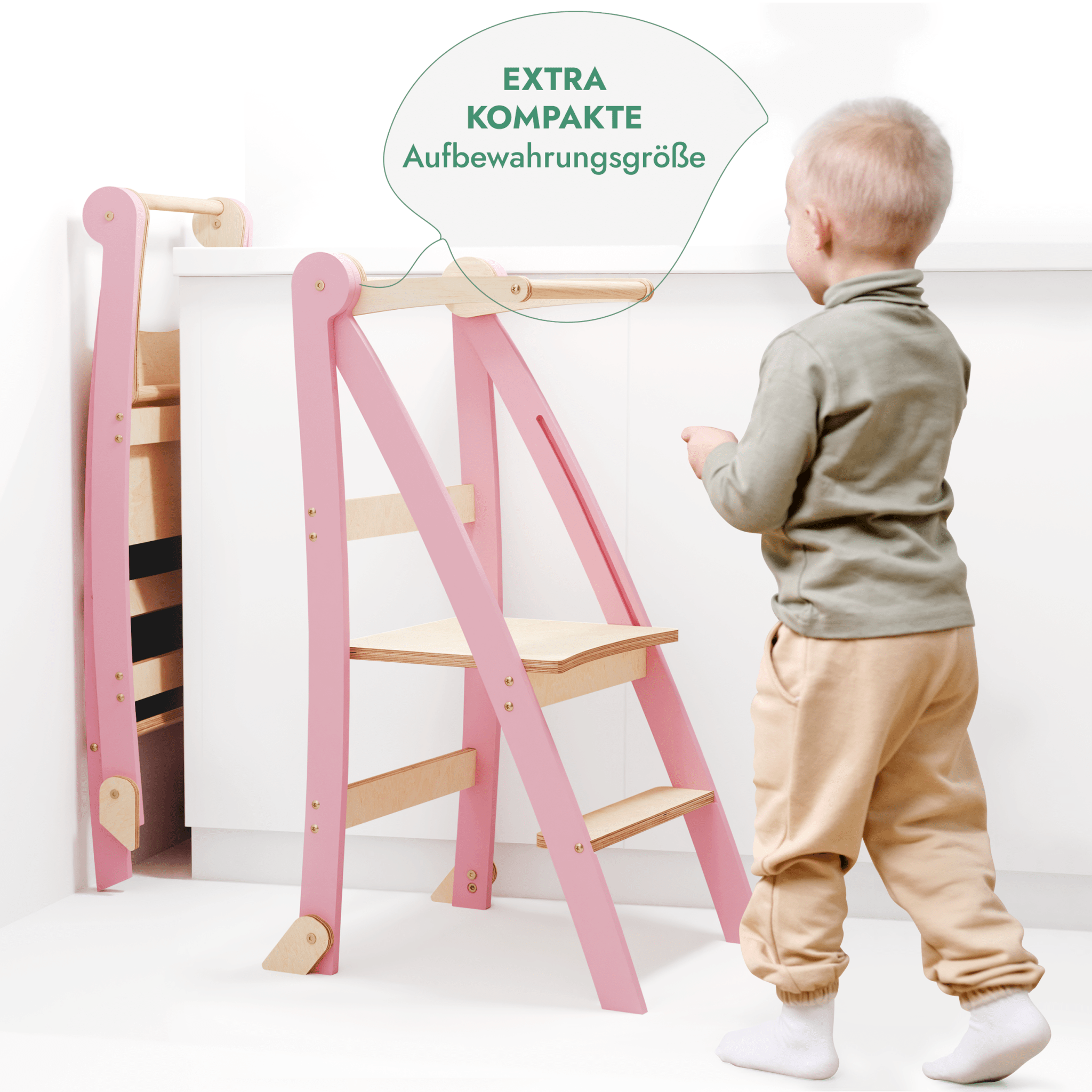 Holz Lernleiter Montessori: Multifunktionaler, klappbarer Lernturm für Kinder – Rosa - myplayground