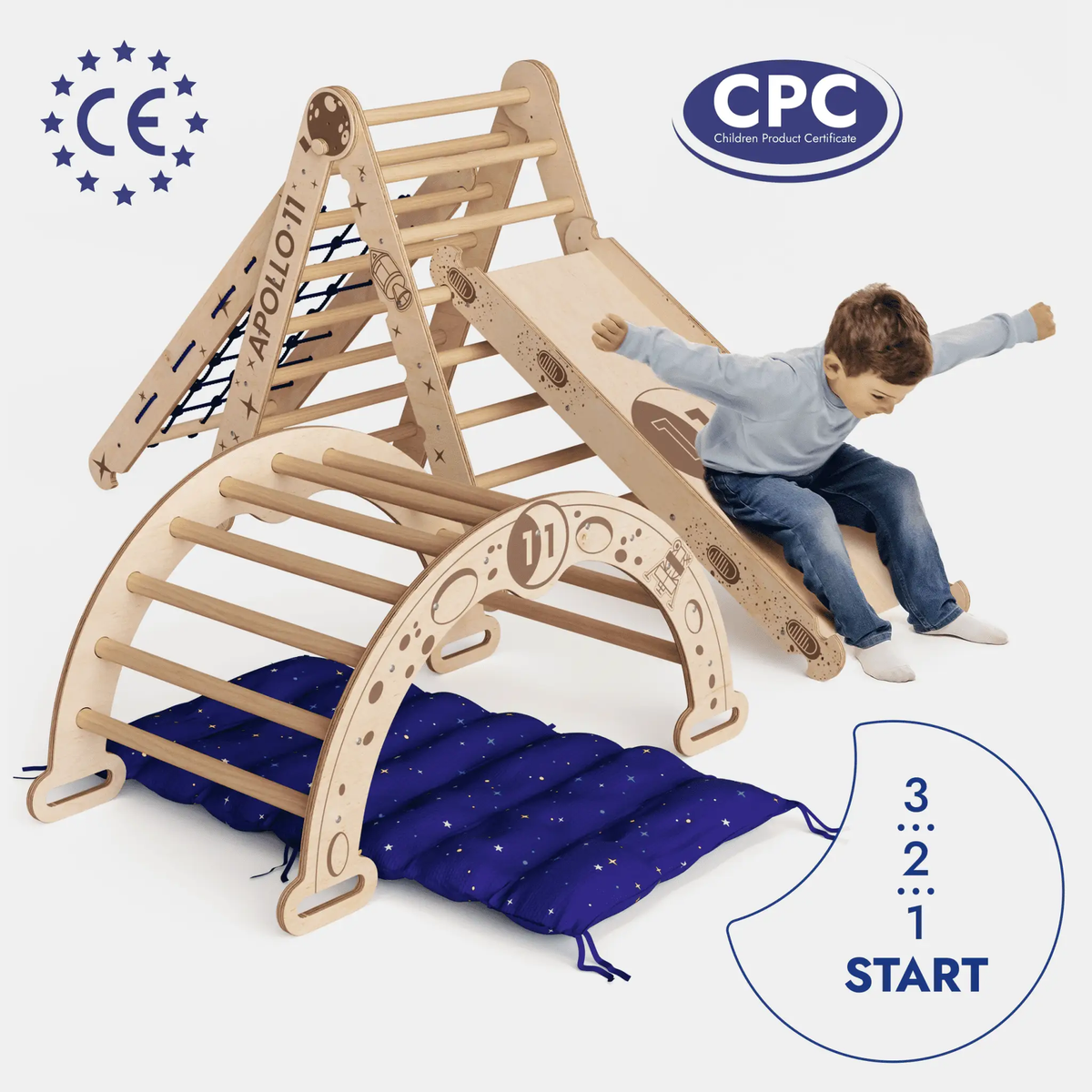 Apollo 5 In 1 Ultimate Climbing Set For Kids With Pikler Triangle Climbing Arc Slide Board Cushion And Net Space Edition by Goodevas
