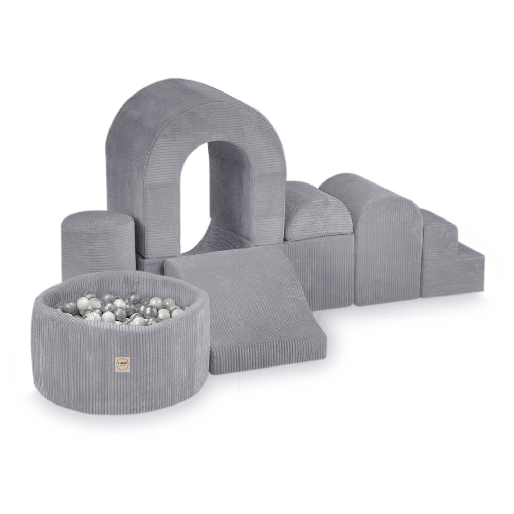 Château de terrain de jeu avec piscine +150 balles (perle, argent) – Velours côtelé gris premium – Plush Nest - myplayground