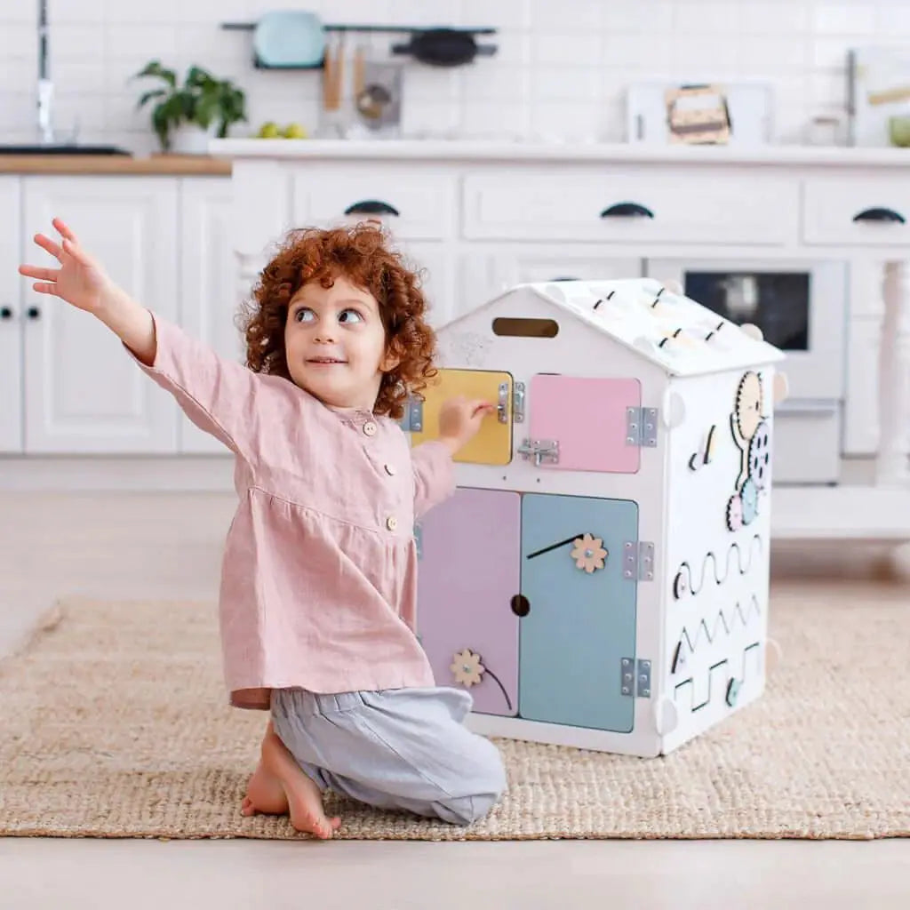 Ensemble Maisonnette et Cube interactif - blanc/pastel, bois Natura, 12 à 18 mois - BusyKids by BusyKids