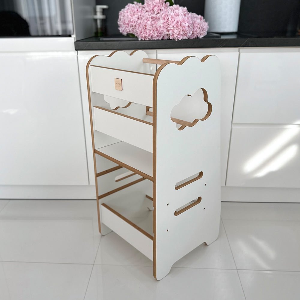 Tour d'apprentissage enfant - blanc nuage, bois, 2 niveaux, montessori en bois, tabouret pour enfant - Plush Nest by Misioo