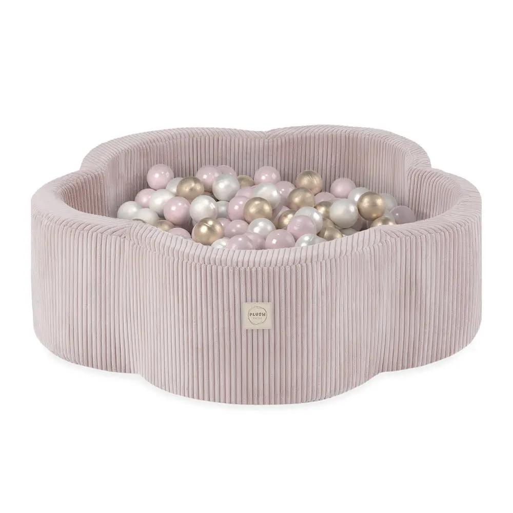 Piscine à balles - 95x30, rose clair, velours côtelé premium, Floral Fun Zone (+ 200 boules perle, perle rose clair, or) -Plush nest- Misioo by Misioo