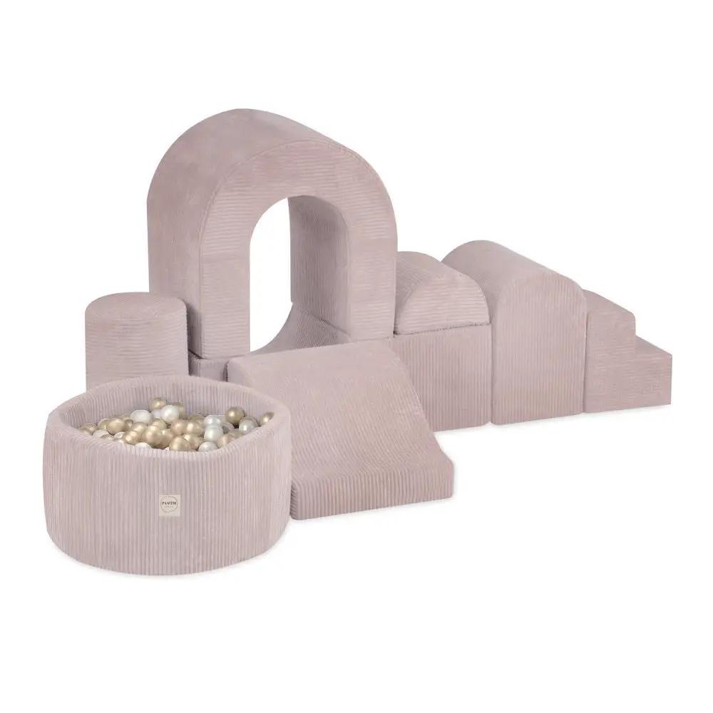 Château de terrain de jeu avec piscine +150 balles (perle, or) – Velours côtelé rose clair premium – Plush Nest by Misioo