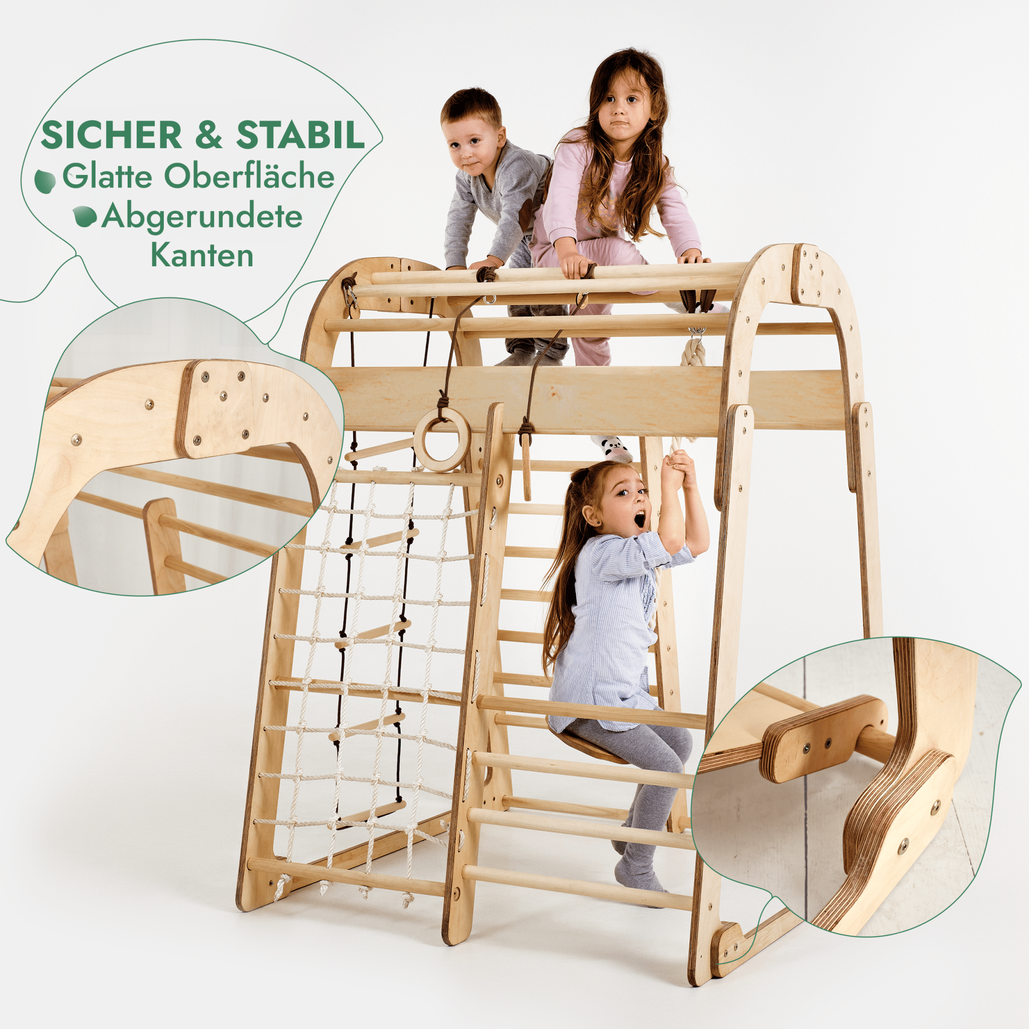 6in1 Indoor Spielplatz für Kinder: Klettergerüst mit Kletternetz, Rutsche, Gymnastikringe, Hängende Leiter und Disc - Schaukel – Beige - myplayground