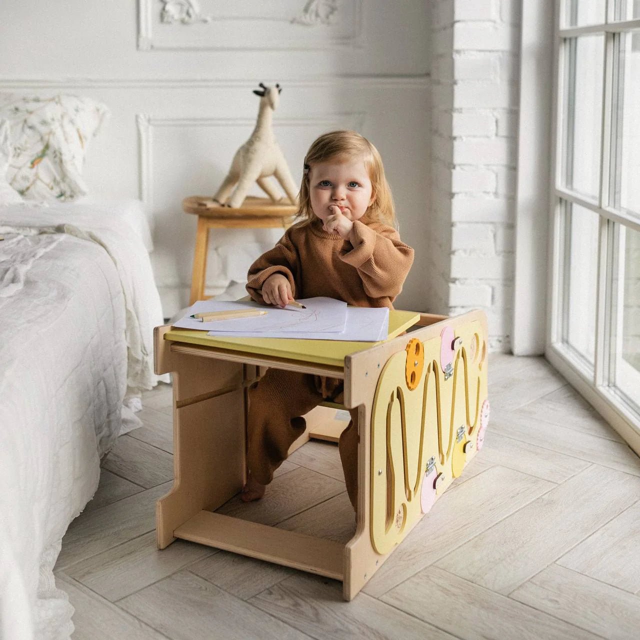 Tour d’Apprentissage Multifonctions 5 en 1 - vanille, bois brut (non verni), 18 à 24 mois - BusyKids - myplayground