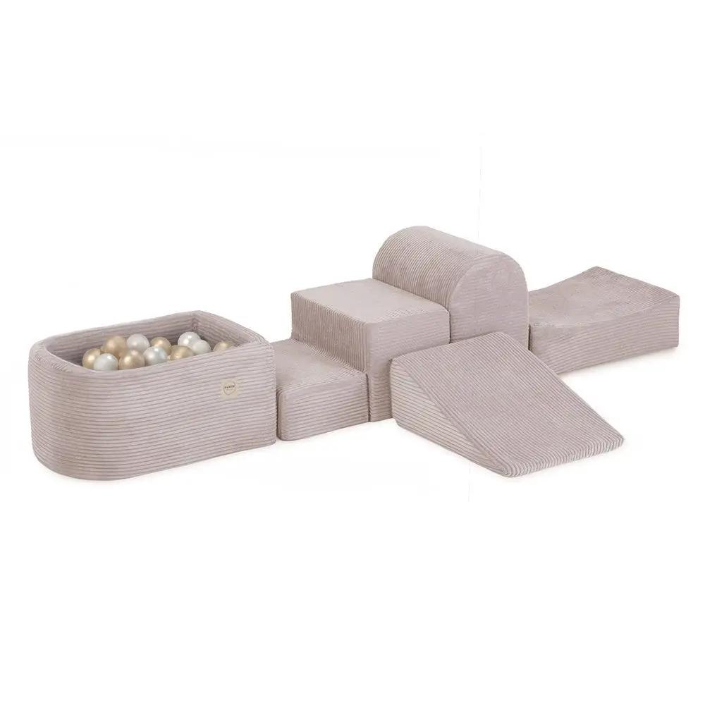 Mini terrain de jeu – Velours côtelé gris premium, bassin et 100 balles (parle et or)– Plush Nest by Misioo