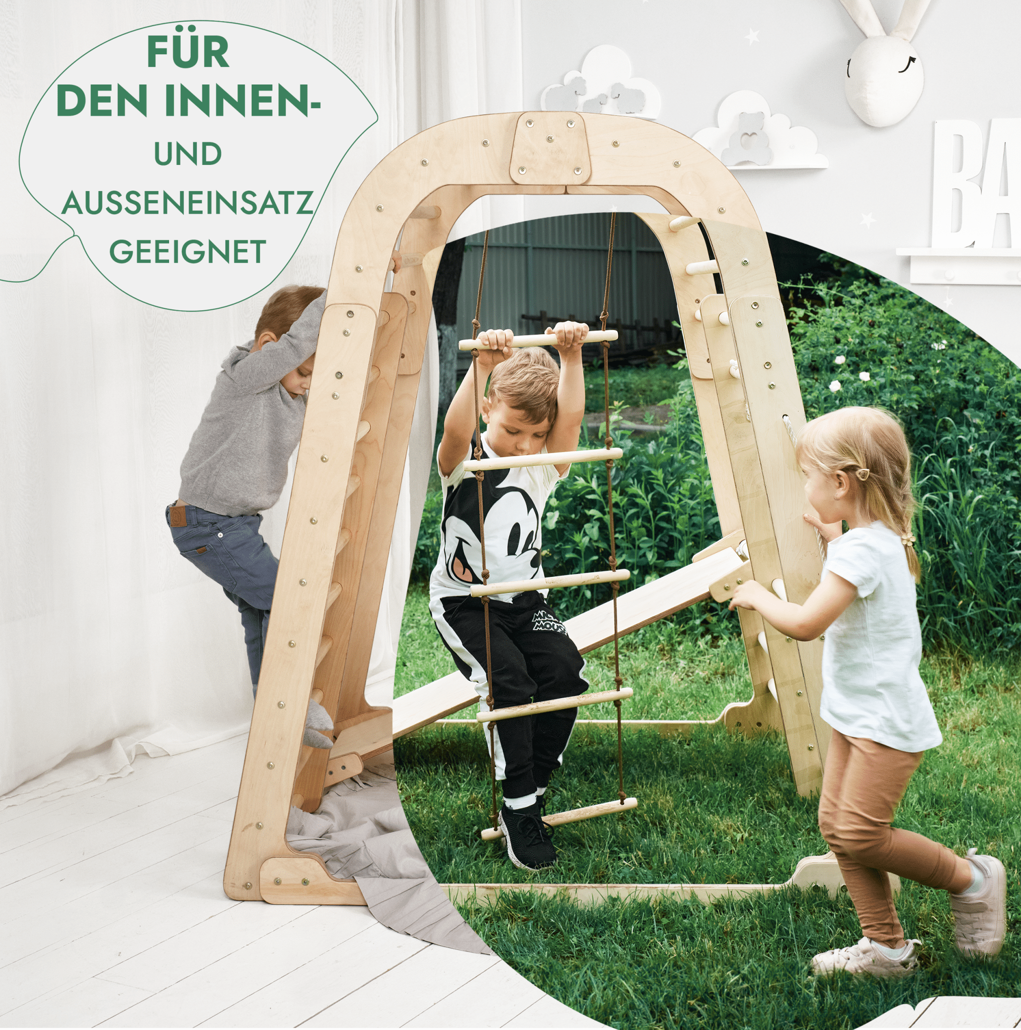 6in1 Indoor Spielplatz für Kinder: Klettergerüst mit Kletternetz, Rutsche, Gymnastikringe, Hängende Leiter und Disc - Schaukel – Beige - myplayground