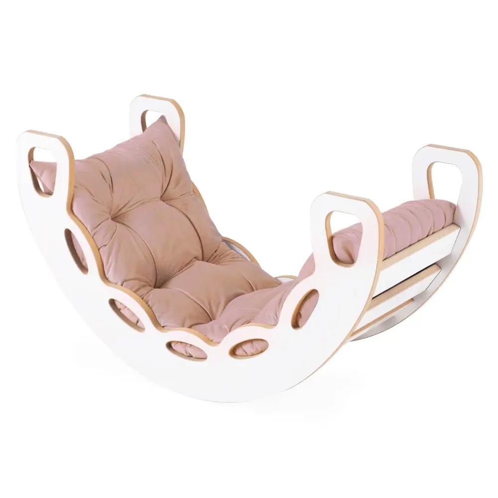 Bascule 4 en 1 - bois blanc, avec mur dâescalade, toboggan et coussin en velours beige/dorĂ©, motricitĂ© - Plush nest by Misioo