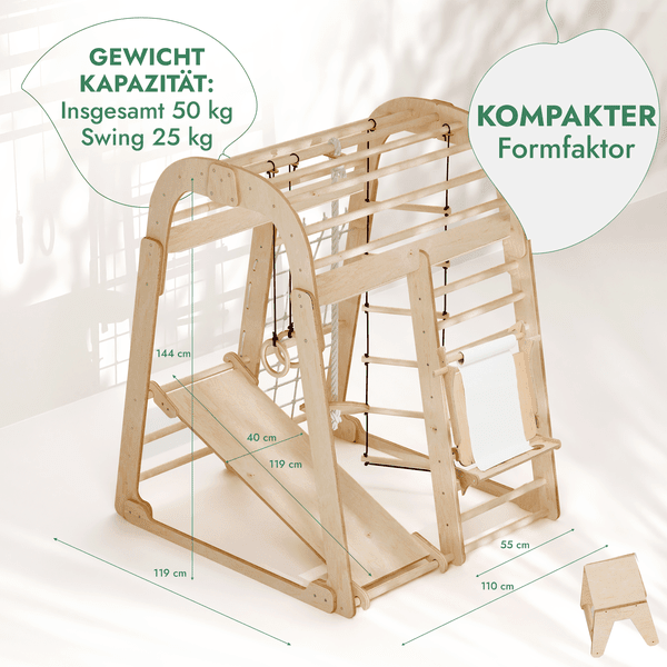 8in1 Indoor Spielplatz: Klettergerüst mit Kletternetz, Rutsche, Gymnastikringe, Hängende Leiter, Disc - Schaukel, Maltafel und Kinderstuhl – Beige - myplayground
