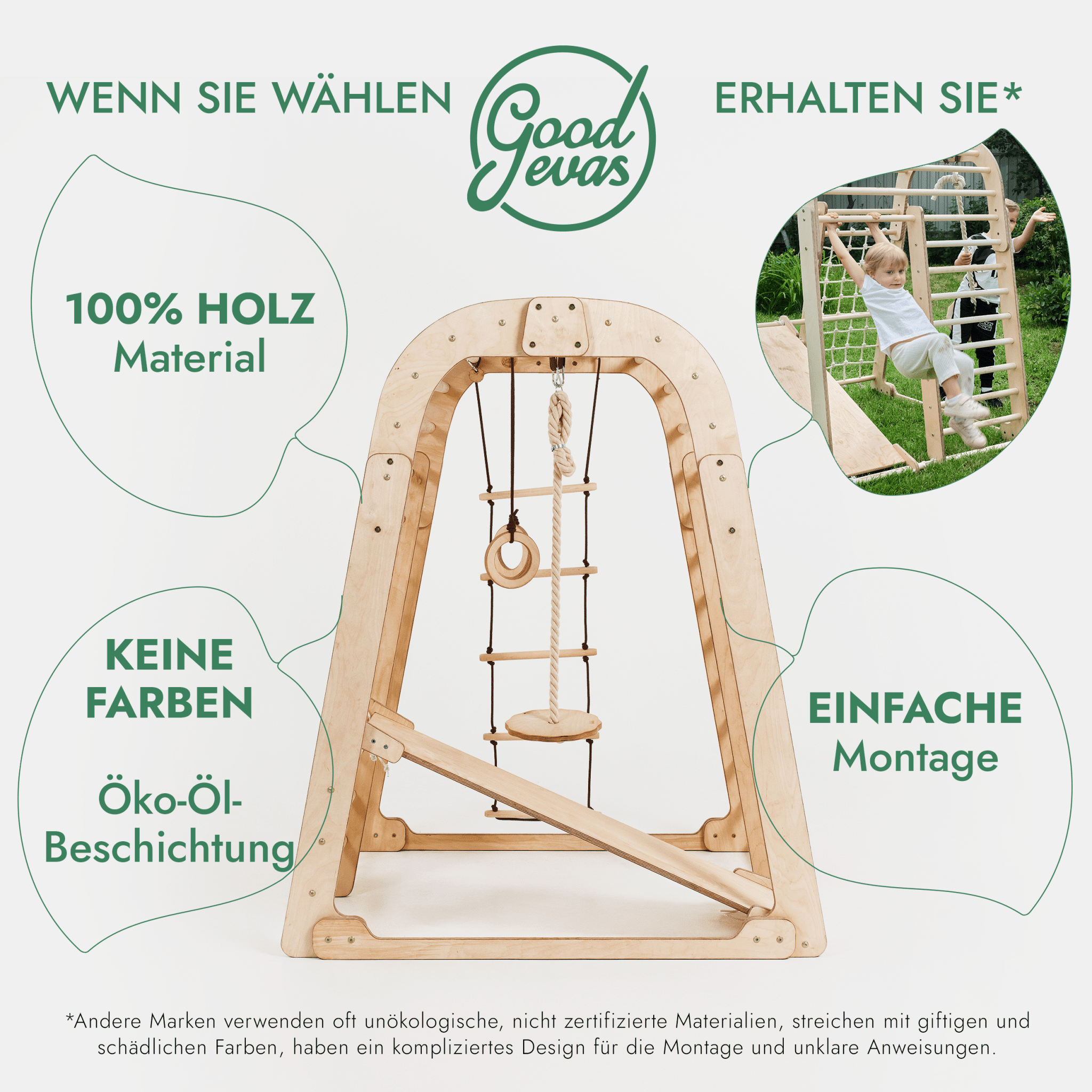8in1 Indoor Spielplatz: Klettergerüst mit Kletternetz, Rutsche, Gymnastikringe, Hängende Leiter, Disc - Schaukel, Maltafel und Kinderstuhl – Beige - myplayground