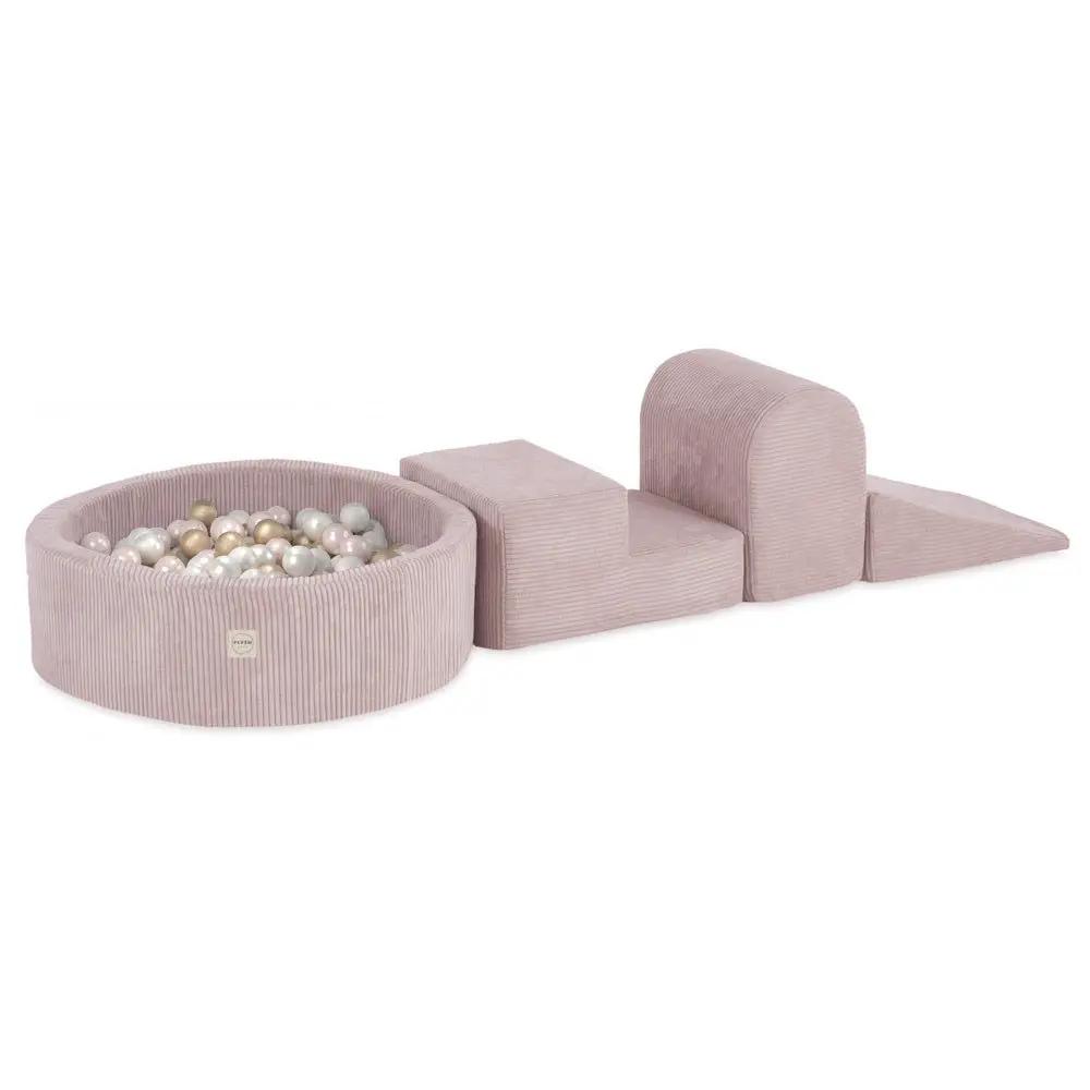Terrain de jeu 3 éléments + dry pool 90x30 – Velours côtelé rose clair premium (+200 balles : perle, or, perle rose clair) , aire de jeux – Plush Nest by Misioo