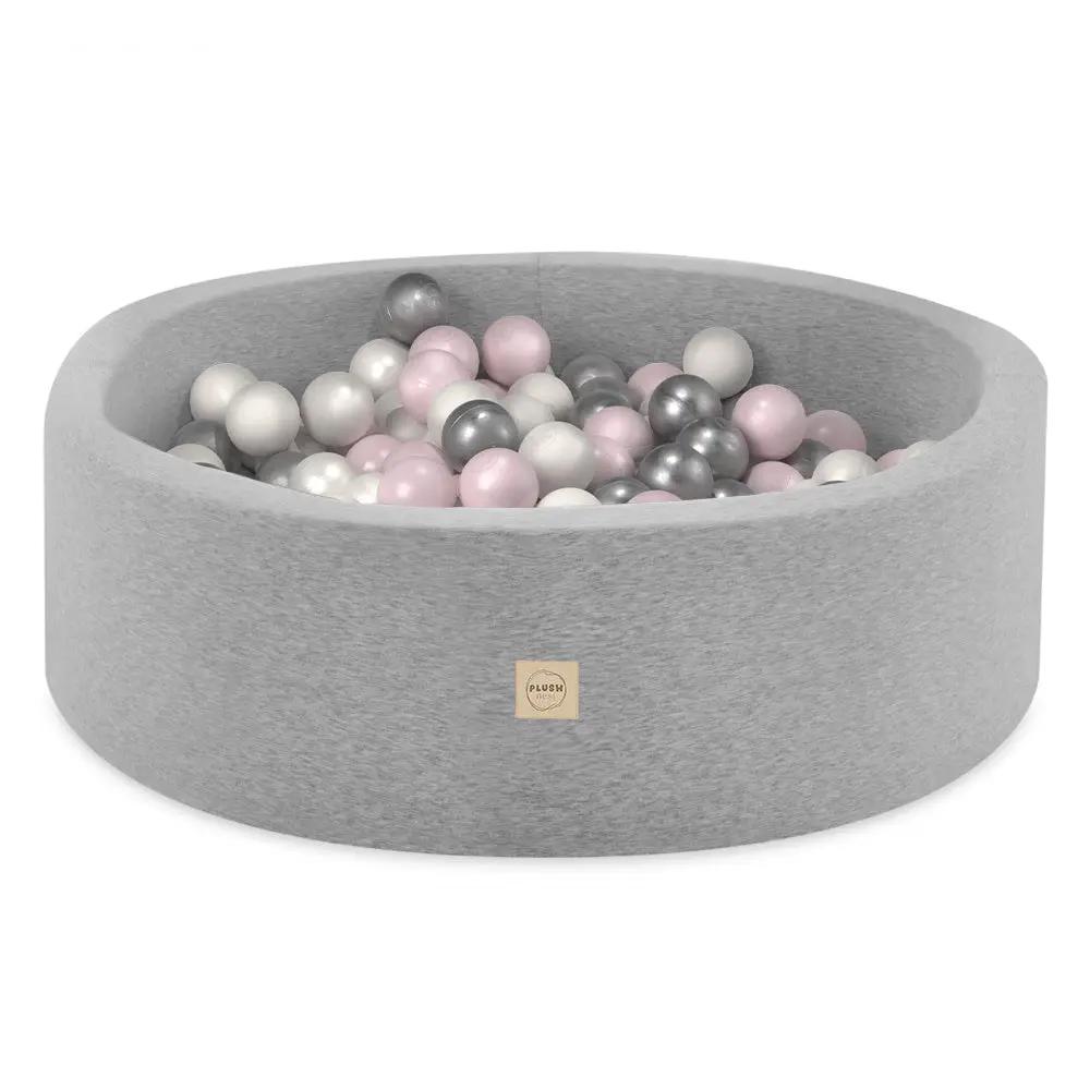Piscine à balles - ronde 90x30 cm, gris clair, coton (+ 200 boules perle rose clair, argent, perle) -Plush Nest- Misioo by Misioo