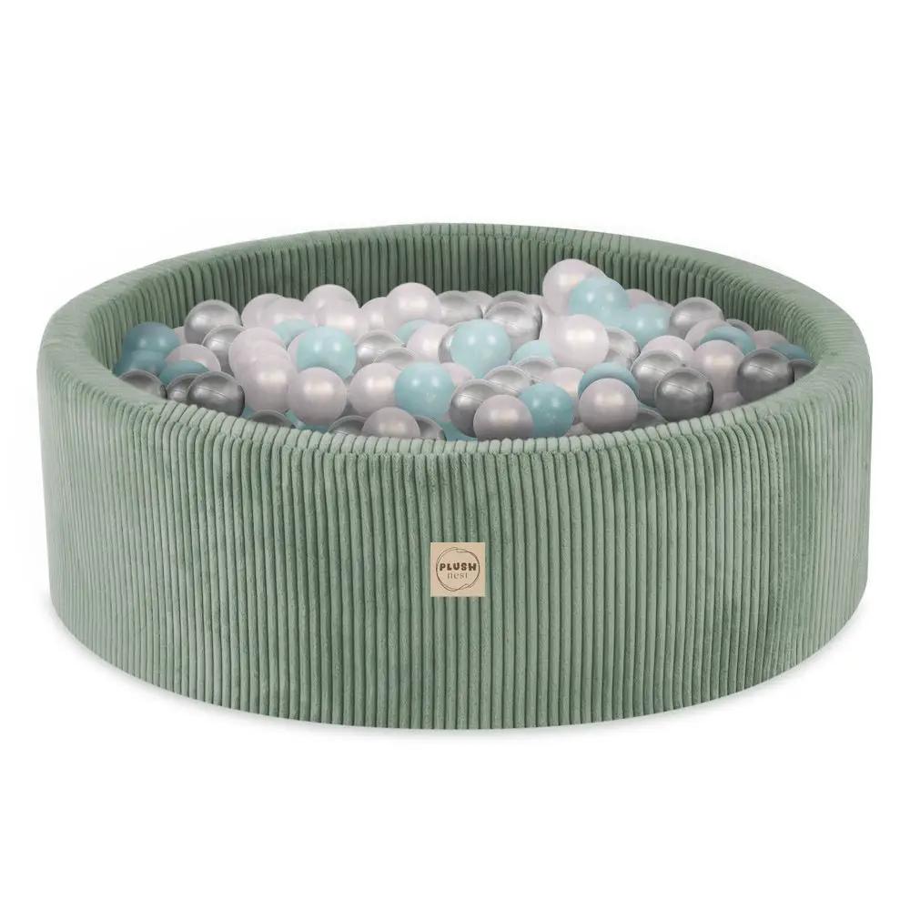 Terrain de jeu 3 éléments + dry pool 90x30 – Velours côtelé vert premium (+200 balles : perle, menthe perle, argent), aire de jeux – Plush Nest by Misioo