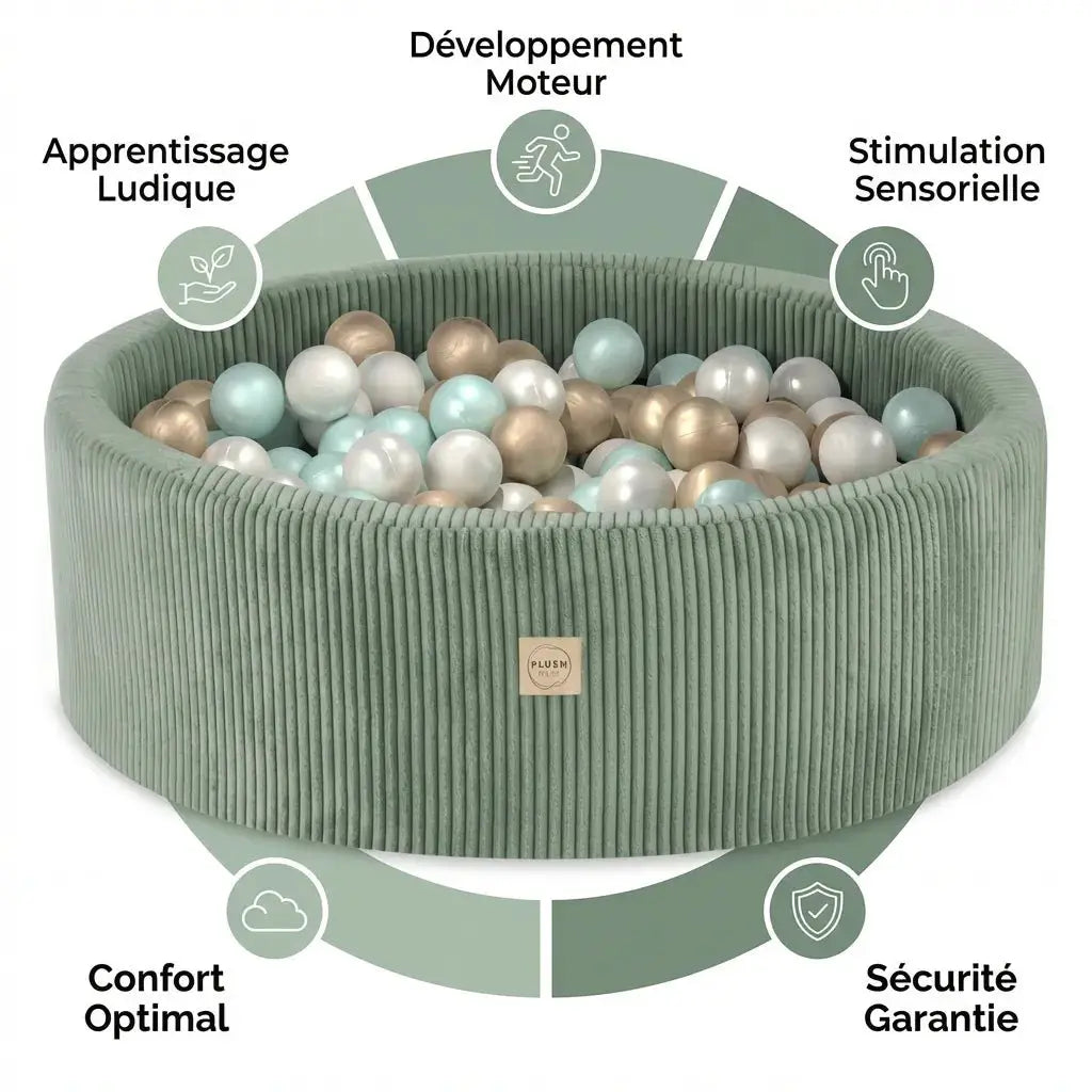 Piscine à balles - ronde 90x30 cm, verte, velours côtelé (+ 200 boules perle, perle menthe, or) -Plush Nest- Misioo by Misioo